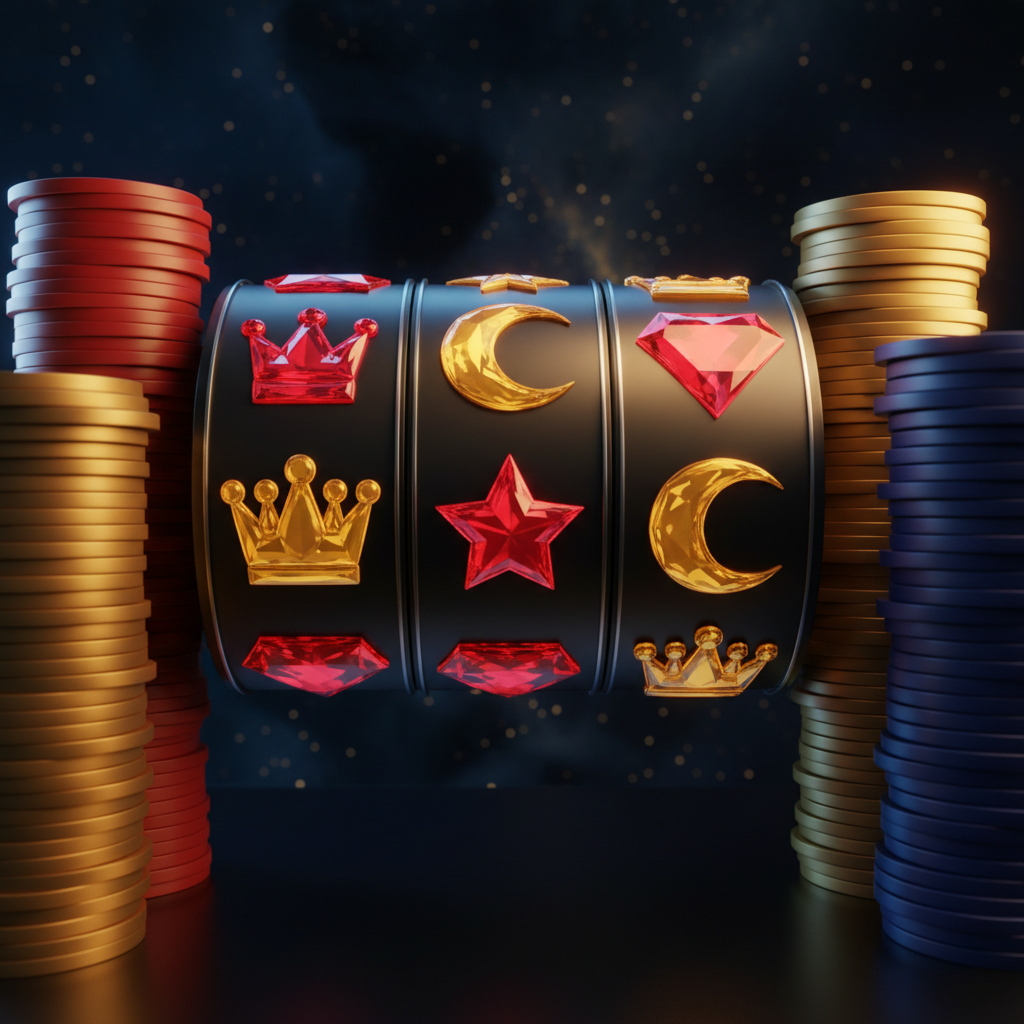 3D casino chips and slot reel symbols in red and gold